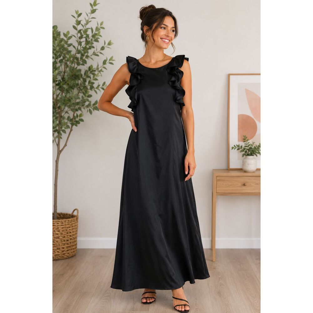A New Day XS Black Satin Maxi Dress Ruffle Sleeveless Elegant Formal NWT #X